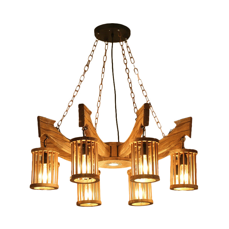 6/8-Head Cylinder Chandelier Lighting Fixture Industrial Brown Wood Hanging Ceiling Light with Anchor Arm Clearhalo 'Carpenter Chandeliers' 'Ceiling Lights' 'Chandeliers' 'Industrial Chandeliers' 'Industrial' 'Middle Century Chandeliers' 'Modern' 'Tiffany' Lighting' 734992