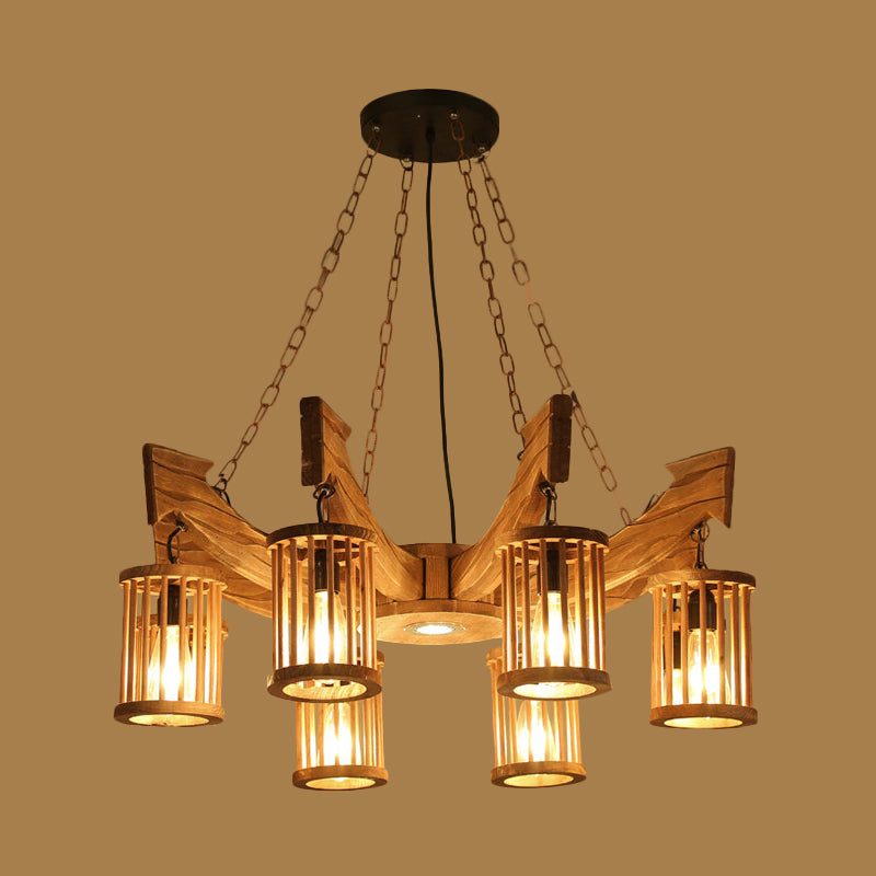6/8-Head Cylinder Chandelier Lighting Fixture Industrial Brown Wood Hanging Ceiling Light with Anchor Arm Clearhalo 'Carpenter Chandeliers' 'Ceiling Lights' 'Chandeliers' 'Industrial Chandeliers' 'Industrial' 'Middle Century Chandeliers' 'Modern' 'Tiffany' Lighting' 734993