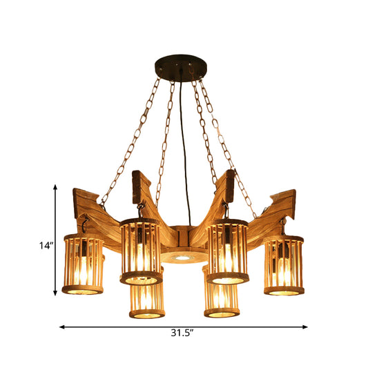 6/8-Head Cylinder Chandelier Lighting Fixture Industrial Brown Wood Hanging Ceiling Light with Anchor Arm Clearhalo 'Carpenter Chandeliers' 'Ceiling Lights' 'Chandeliers' 'Industrial Chandeliers' 'Industrial' 'Middle Century Chandeliers' 'Modern' 'Tiffany' Lighting' 734994