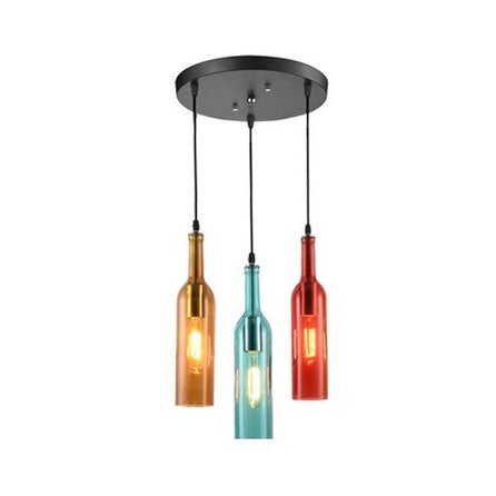 3 Lights Hanging Light with Wine Bottle Glass Shade Industrial Bar Pendant Lamp in Black, Round/Linear Canopy Black Round Clearhalo 'Ceiling Lights' 'Glass shade' 'Glass' 'Industrial Pendants' 'Industrial' 'Middle Century Pendants' 'Pendant Lights' 'Pendants' 'Tiffany' Lighting' 73500