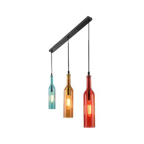 3 Lights Hanging Light with Wine Bottle Glass Shade Industrial Bar Pendant Lamp in Black, Round/Linear Canopy Black Linear Clearhalo 'Ceiling Lights' 'Glass shade' 'Glass' 'Industrial Pendants' 'Industrial' 'Middle Century Pendants' 'Pendant Lights' 'Pendants' 'Tiffany' Lighting' 73501