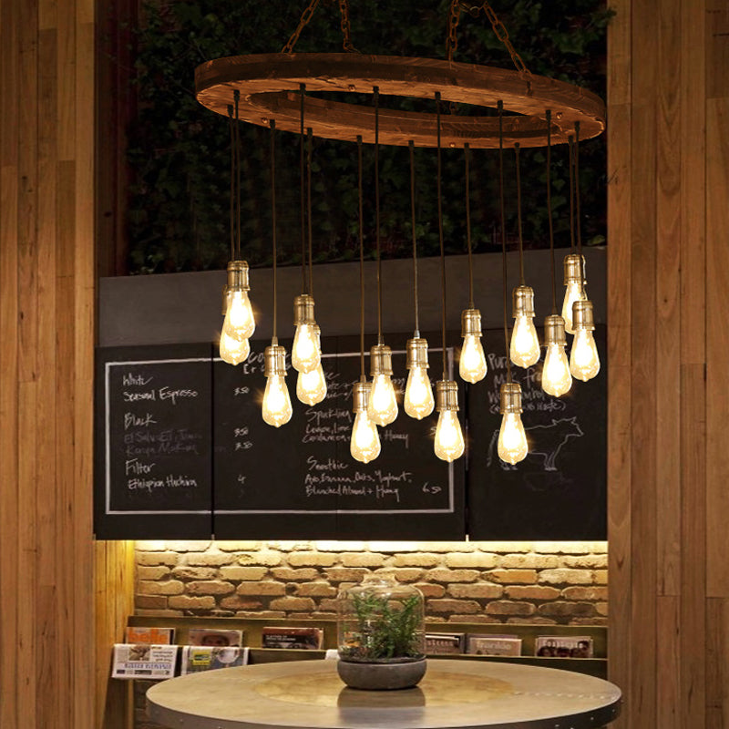 Metal Exposed Bulb Chandelier Lighting Fixture Vintage 15 Lights Restaurant Suspension Lamp with Wood Oval Beam Clearhalo 'Carpenter Chandeliers' 'Ceiling Lights' 'Chandeliers' 'Industrial Chandeliers' 'Industrial' 'Middle Century Chandeliers' 'Modern' 'Tiffany' Lighting' 735027
