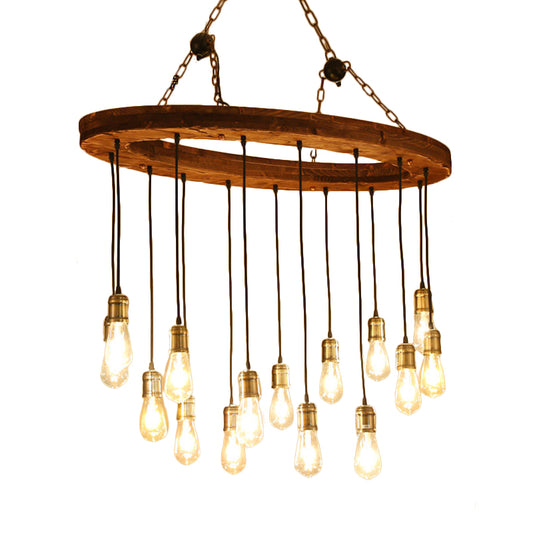 Metal Exposed Bulb Chandelier Lighting Fixture Vintage 15 Lights Restaurant Suspension Lamp with Wood Oval Beam Clearhalo 'Carpenter Chandeliers' 'Ceiling Lights' 'Chandeliers' 'Industrial Chandeliers' 'Industrial' 'Middle Century Chandeliers' 'Modern' 'Tiffany' Lighting' 735028