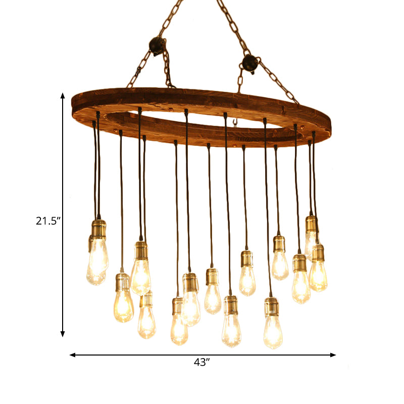 Metal Exposed Bulb Chandelier Lighting Fixture Vintage 15 Lights Restaurant Suspension Lamp with Wood Oval Beam Clearhalo 'Carpenter Chandeliers' 'Ceiling Lights' 'Chandeliers' 'Industrial Chandeliers' 'Industrial' 'Middle Century Chandeliers' 'Modern' 'Tiffany' Lighting' 735029