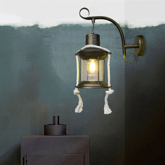 1-Bulb Metal Wall Mounted Light Industrial Brass/Copper Curved Arm Sconce with Lantern Clear Glass Shade Clearhalo 'Art deco wall lights' 'Cast Iron' 'Glass' 'Industrial wall lights' 'Industrial' 'Middle century wall lights' 'Modern' 'Rustic wall lights' 'Tiffany' 'Traditional wall lights' 'Wall Lamps & Sconces' 'Wall Lights' Lighting' 735098