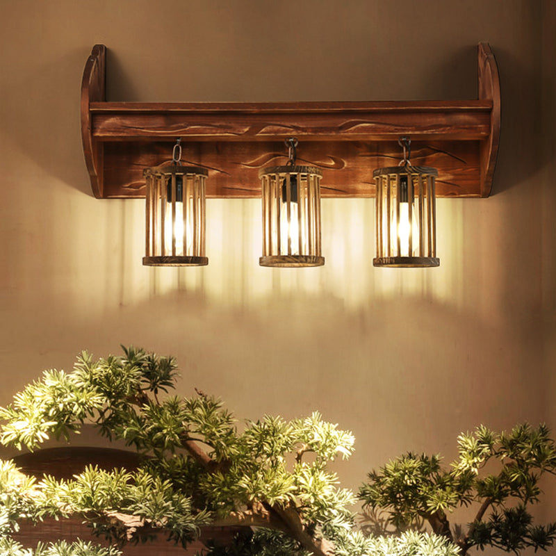 Cylinder Bedroom Wall Mount Light Factory Style Wood 3-Head Brown Wall Sconce Lighting Wood Clearhalo 'Industrial wall lights' 'Industrial' 'Middle century wall lights' 'Rustic wall lights' 'Tiffany' 'Wall Lamps & Sconces' 'Wall Lights' Lighting' 735108