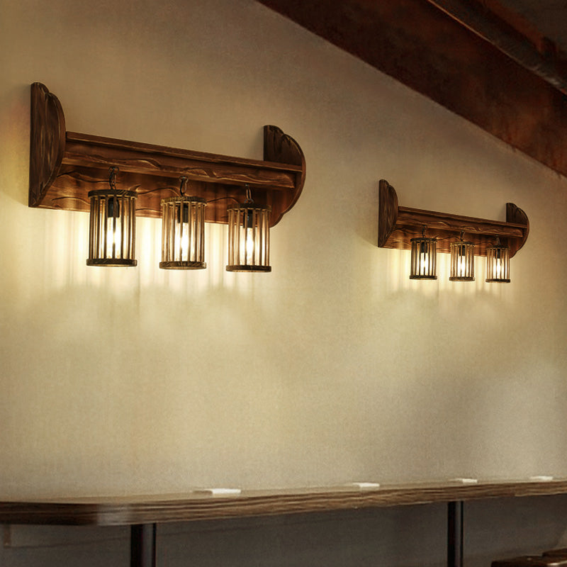Cylinder Bedroom Wall Mount Light Factory Style Wood 3-Head Brown Wall Sconce Lighting Clearhalo 'Industrial wall lights' 'Industrial' 'Middle century wall lights' 'Rustic wall lights' 'Tiffany' 'Wall Lamps & Sconces' 'Wall Lights' Lighting' 735109