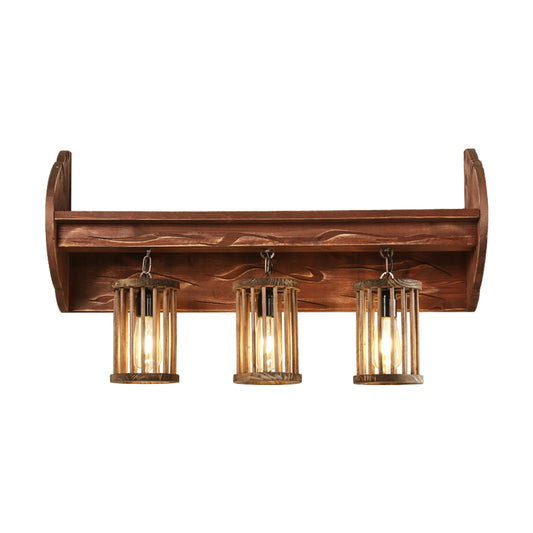 Cylinder Bedroom Wall Mount Light Factory Style Wood 3-Head Brown Wall Sconce Lighting Clearhalo 'Industrial wall lights' 'Industrial' 'Middle century wall lights' 'Rustic wall lights' 'Tiffany' 'Wall Lamps & Sconces' 'Wall Lights' Lighting' 735110
