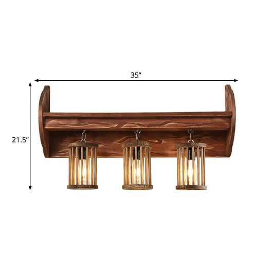 Cylinder Bedroom Wall Mount Light Factory Style Wood 3-Head Brown Wall Sconce Lighting Clearhalo 'Industrial wall lights' 'Industrial' 'Middle century wall lights' 'Rustic wall lights' 'Tiffany' 'Wall Lamps & Sconces' 'Wall Lights' Lighting' 735111
