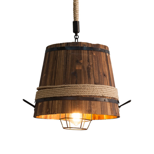 1 Light Pendant Light Fixture Farmhouse Bucket Shade Wood Suspension Lamp with Rope Rod Clearhalo 'Ceiling Lights' 'Industrial Pendants' 'Industrial' 'Middle Century Pendants' 'Pendant Lights' 'Pendants' 'Tiffany' Lighting' 735114