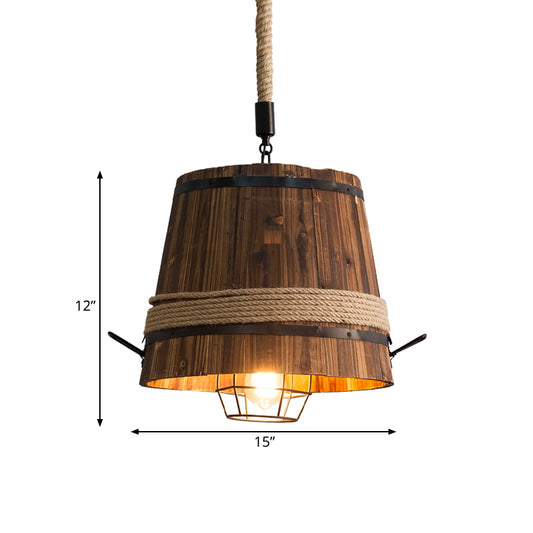 1 Light Pendant Light Fixture Farmhouse Bucket Shade Wood Suspension Lamp with Rope Rod Clearhalo 'Ceiling Lights' 'Industrial Pendants' 'Industrial' 'Middle Century Pendants' 'Pendant Lights' 'Pendants' 'Tiffany' Lighting' 735115