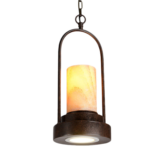 Marble Cylinder Pendant Lamp Factory 1-Bulb Dining Room Hanging Lighting in Rust with Metal Ring Deco Clearhalo 'Art Deco Pendants' 'Cast Iron' 'Ceiling Lights' 'Ceramic' 'Crystal' 'Industrial Pendants' 'Industrial' 'Metal' 'Middle Century Pendants' 'Pendant Lights' 'Pendants' 'Tiffany' Lighting' 735117
