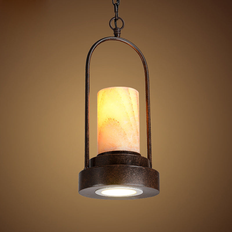 Marble Cylinder Pendant Lamp Factory 1-Bulb Dining Room Hanging Lighting in Rust with Metal Ring Deco Clearhalo 'Art Deco Pendants' 'Cast Iron' 'Ceiling Lights' 'Ceramic' 'Crystal' 'Industrial Pendants' 'Industrial' 'Metal' 'Middle Century Pendants' 'Pendant Lights' 'Pendants' 'Tiffany' Lighting' 735118