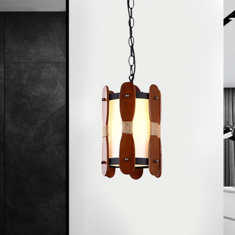 1 Light Drop Pendant Industrial Corridor Wood Ceiling Lamp with Cylinder Cream Glass Shade in Brown White Clearhalo 'Art Deco Pendants' 'Cast Iron' 'Ceiling Lights' 'Ceramic' 'Crystal' 'Industrial Pendants' 'Industrial' 'Metal' 'Middle Century Pendants' 'Pendant Lights' 'Pendants' 'Tiffany' Lighting' 735120