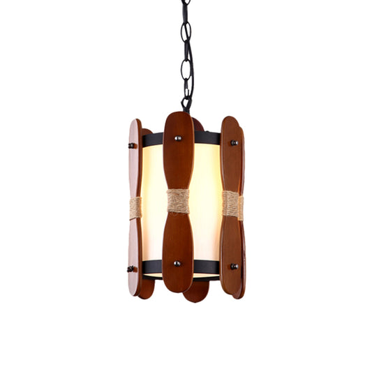 1 Light Drop Pendant Industrial Corridor Wood Ceiling Lamp with Cylinder Cream Glass Shade in Brown Clearhalo 'Art Deco Pendants' 'Cast Iron' 'Ceiling Lights' 'Ceramic' 'Crystal' 'Industrial Pendants' 'Industrial' 'Metal' 'Middle Century Pendants' 'Pendant Lights' 'Pendants' 'Tiffany' Lighting' 735121
