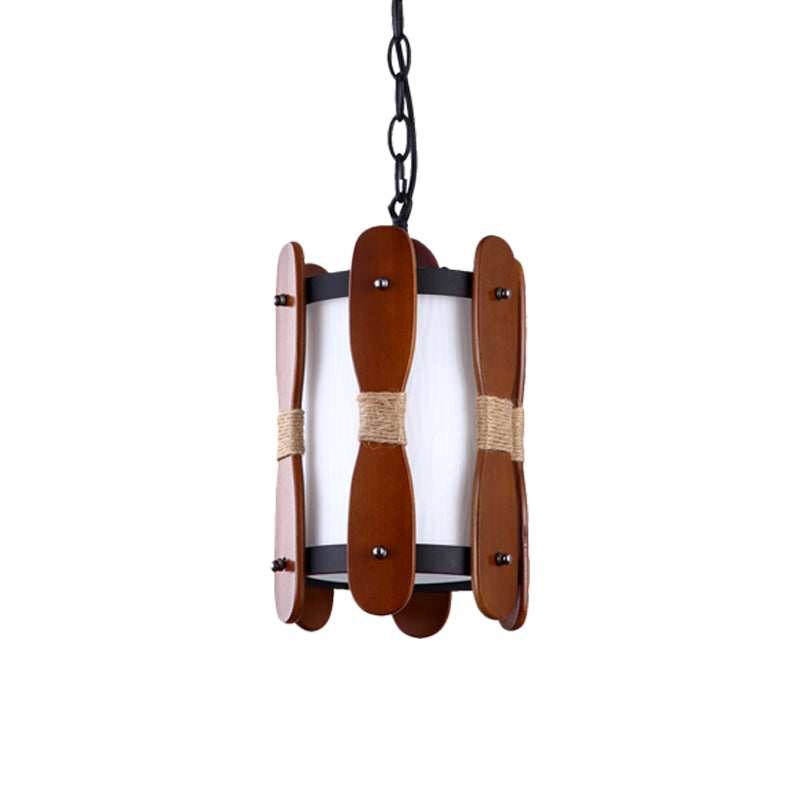 1 Light Drop Pendant Industrial Corridor Wood Ceiling Lamp with Cylinder Cream Glass Shade in Brown Clearhalo 'Art Deco Pendants' 'Cast Iron' 'Ceiling Lights' 'Ceramic' 'Crystal' 'Industrial Pendants' 'Industrial' 'Metal' 'Middle Century Pendants' 'Pendant Lights' 'Pendants' 'Tiffany' Lighting' 735122