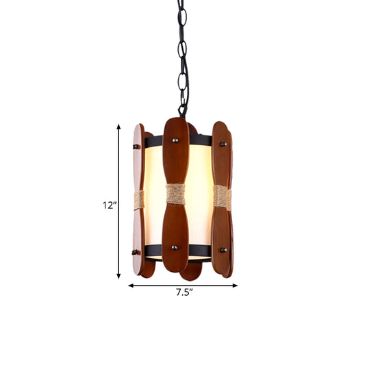 1 Light Drop Pendant Industrial Corridor Wood Ceiling Lamp with Cylinder Cream Glass Shade in Brown Clearhalo 'Art Deco Pendants' 'Cast Iron' 'Ceiling Lights' 'Ceramic' 'Crystal' 'Industrial Pendants' 'Industrial' 'Metal' 'Middle Century Pendants' 'Pendant Lights' 'Pendants' 'Tiffany' Lighting' 735123