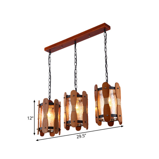 Cylinder Yellow Water Glass Cluster Pendant Retro 3 Heads Dining Room Hanging Light Kit in Brown with Wood Panel Design Clearhalo 'Ceiling Lights' 'Glass shade' 'Glass' 'Industrial Pendants' 'Industrial' 'Middle Century Pendants' 'Pendant Lights' 'Pendants' 'Tiffany' Lighting' 735127