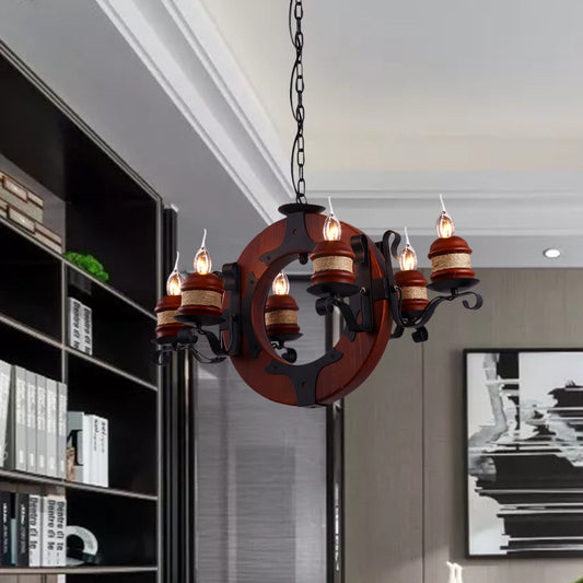 4/6 Lights Candle Chandelier Light Fixture Vintage Brown Wood Pendant Lighting with Round Design 6 Brown Clearhalo 'Cast Iron' 'Ceiling Lights' 'Chandeliers' 'Industrial Chandeliers' 'Industrial' 'Metal' 'Middle Century Chandeliers' 'Rustic Chandeliers' 'Tiffany' Lighting' 735128