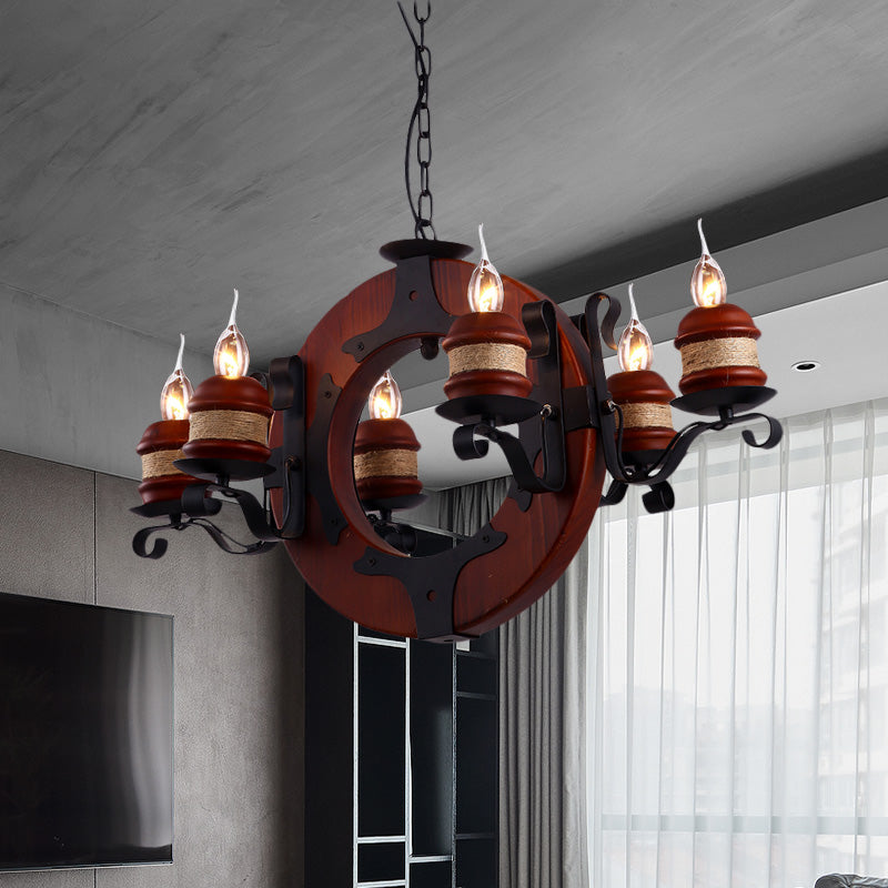 4/6 Lights Candle Chandelier Light Fixture Vintage Brown Wood Pendant Lighting with Round Design Clearhalo 'Cast Iron' 'Ceiling Lights' 'Chandeliers' 'Industrial Chandeliers' 'Industrial' 'Metal' 'Middle Century Chandeliers' 'Rustic Chandeliers' 'Tiffany' Lighting' 735129