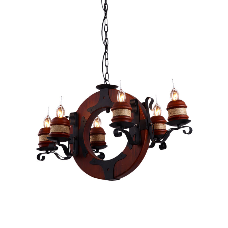 4/6 Lights Candle Chandelier Light Fixture Vintage Brown Wood Pendant Lighting with Round Design Clearhalo 'Cast Iron' 'Ceiling Lights' 'Chandeliers' 'Industrial Chandeliers' 'Industrial' 'Metal' 'Middle Century Chandeliers' 'Rustic Chandeliers' 'Tiffany' Lighting' 735130