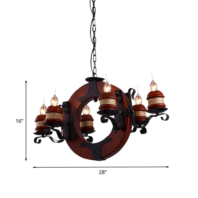 4/6 Lights Candle Chandelier Light Fixture Vintage Brown Wood Pendant Lighting with Round Design Clearhalo 'Cast Iron' 'Ceiling Lights' 'Chandeliers' 'Industrial Chandeliers' 'Industrial' 'Metal' 'Middle Century Chandeliers' 'Rustic Chandeliers' 'Tiffany' Lighting' 735131