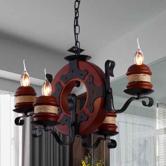 4/6 Lights Candle Chandelier Light Fixture Vintage Brown Wood Pendant Lighting with Round Design 4 Brown Clearhalo 'Cast Iron' 'Ceiling Lights' 'Chandeliers' 'Industrial Chandeliers' 'Industrial' 'Metal' 'Middle Century Chandeliers' 'Rustic Chandeliers' 'Tiffany' Lighting' 735132
