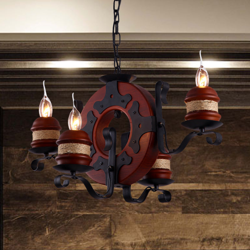 4/6 Lights Candle Chandelier Light Fixture Vintage Brown Wood Pendant Lighting with Round Design Clearhalo 'Cast Iron' 'Ceiling Lights' 'Chandeliers' 'Industrial Chandeliers' 'Industrial' 'Metal' 'Middle Century Chandeliers' 'Rustic Chandeliers' 'Tiffany' Lighting' 735134