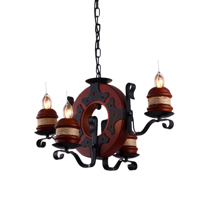 4/6 Lights Candle Chandelier Light Fixture Vintage Brown Wood Pendant Lighting with Round Design Clearhalo 'Cast Iron' 'Ceiling Lights' 'Chandeliers' 'Industrial Chandeliers' 'Industrial' 'Metal' 'Middle Century Chandeliers' 'Rustic Chandeliers' 'Tiffany' Lighting' 735135