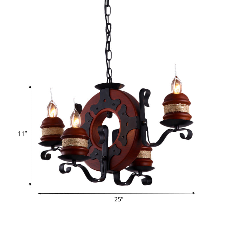 4/6 Lights Candle Chandelier Light Fixture Vintage Brown Wood Pendant Lighting with Round Design Clearhalo 'Cast Iron' 'Ceiling Lights' 'Chandeliers' 'Industrial Chandeliers' 'Industrial' 'Metal' 'Middle Century Chandeliers' 'Rustic Chandeliers' 'Tiffany' Lighting' 735136