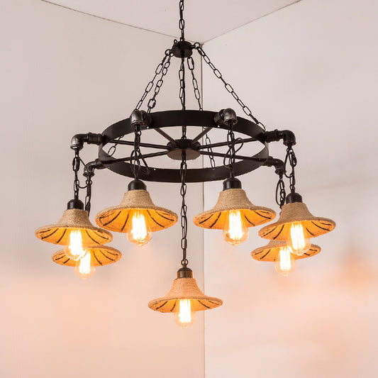Warehouse Wheel Chandelier Light 7/9 Heads Metal Hanging Lamp Kit in Beige with Flared Rope Shade 7 Beige Clearhalo 'Ceiling Lights' 'Chandeliers' 'Industrial Chandeliers' 'Industrial' 'Middle Century Chandeliers' 'Tiffany' Lighting' 735141