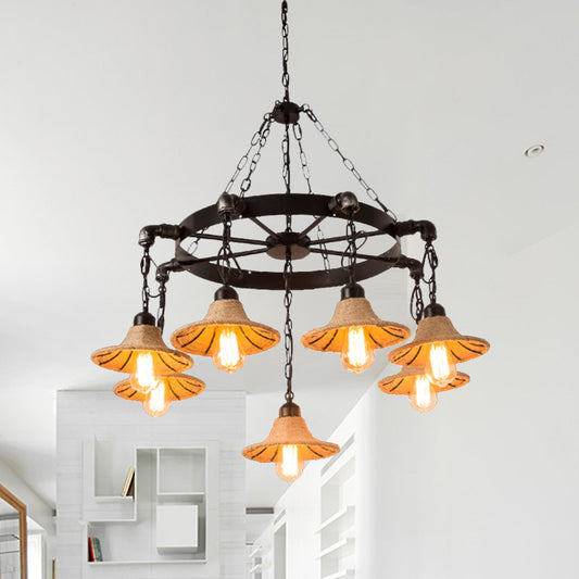 Warehouse Wheel Chandelier Light 7/9 Heads Metal Hanging Lamp Kit in Beige with Flared Rope Shade Clearhalo 'Ceiling Lights' 'Chandeliers' 'Industrial Chandeliers' 'Industrial' 'Middle Century Chandeliers' 'Tiffany' Lighting' 735142