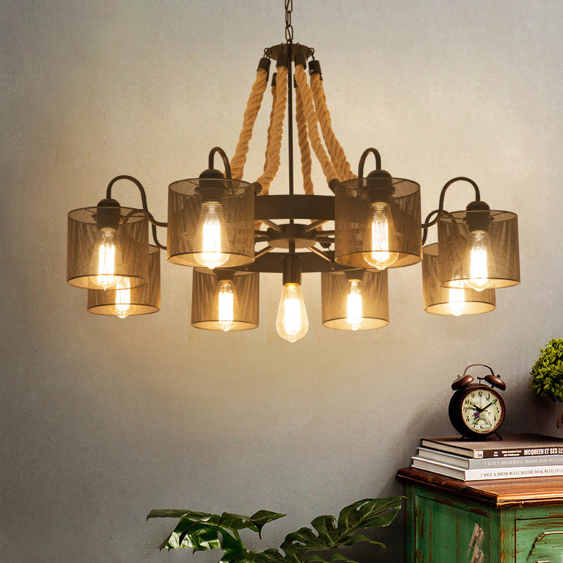 Metal Black Chandelier Lamp Drum 9/13 Lights Farmhouse Rope Pendant Light Fixture with Wheel Design Clearhalo 'Cast Iron' 'Ceiling Lights' 'Chandeliers' 'Industrial Chandeliers' 'Industrial' 'Metal' 'Middle Century Chandeliers' 'Rustic Chandeliers' 'Tiffany' Lighting' 735147