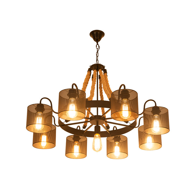 Metal Black Chandelier Lamp Drum 9/13 Lights Farmhouse Rope Pendant Light Fixture with Wheel Design Clearhalo 'Cast Iron' 'Ceiling Lights' 'Chandeliers' 'Industrial Chandeliers' 'Industrial' 'Metal' 'Middle Century Chandeliers' 'Rustic Chandeliers' 'Tiffany' Lighting' 735148