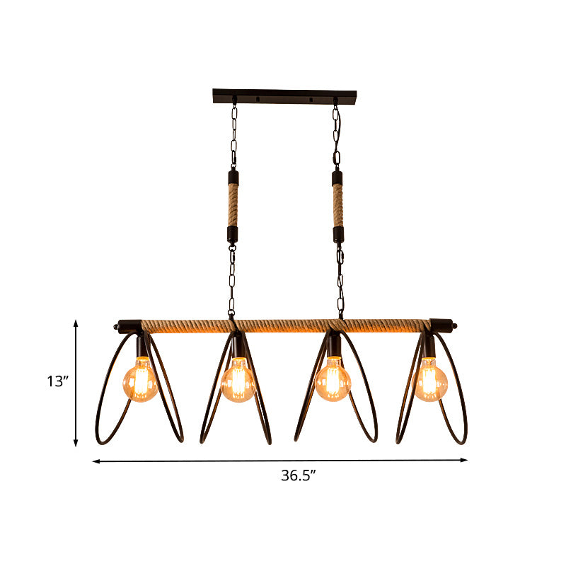 4 Lights Rope Chandelier Factory Black Finish Open Bulb Restaurant Pendant Light Kit with/without Ring Deco Clearhalo 'Cast Iron' 'Ceiling Lights' 'Chandeliers' 'Industrial Chandeliers' 'Industrial' 'Metal' 'Middle Century Chandeliers' 'Rustic Chandeliers' 'Tiffany' Lighting' 735158