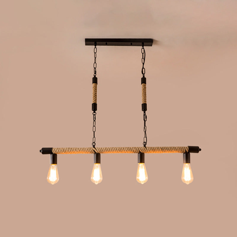 4 Lights Rope Chandelier Factory Black Finish Open Bulb Restaurant Pendant Light Kit with/without Ring Deco Clearhalo 'Cast Iron' 'Ceiling Lights' 'Chandeliers' 'Industrial Chandeliers' 'Industrial' 'Metal' 'Middle Century Chandeliers' 'Rustic Chandeliers' 'Tiffany' Lighting' 735162