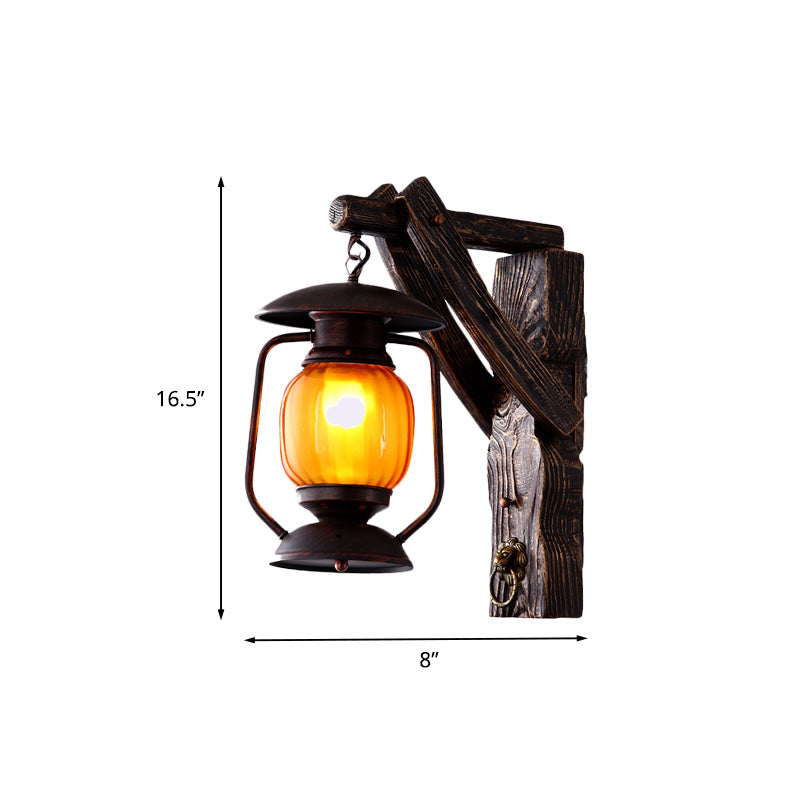 Amber Glass Lantern Wall Light Sconce Warehouse 1 Head Bedroom Wall Mount Lamp in Black with Wood Backplate Clearhalo 'Art deco wall lights' 'Cast Iron' 'Glass' 'Industrial wall lights' 'Industrial' 'Middle century wall lights' 'Modern' 'Rustic wall lights' 'Tiffany' 'Traditional wall lights' 'Wall Lamps & Sconces' 'Wall Lights' Lighting' 735167