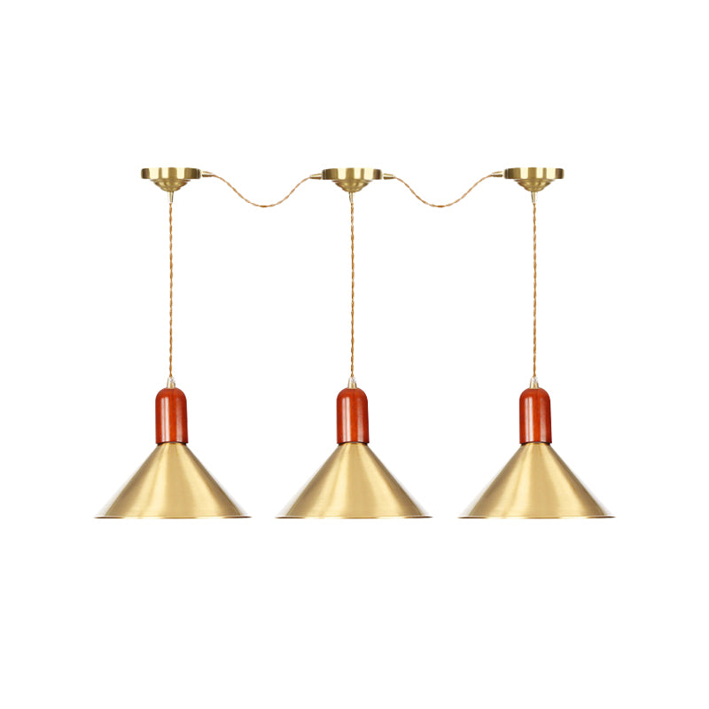 Metallic Gold Finish Multi-Light Pendant Conical 3/5/7 Lights Industrial Tandem Hanging Ceiling Lamp Clearhalo 'Art Deco Pendants' 'Cast Iron' 'Ceiling Lights' 'Ceramic' 'Crystal' 'Industrial Pendants' 'Industrial' 'Metal' 'Middle Century Pendants' 'Pendant Lights' 'Pendants' 'Tiffany' Lighting' 735170