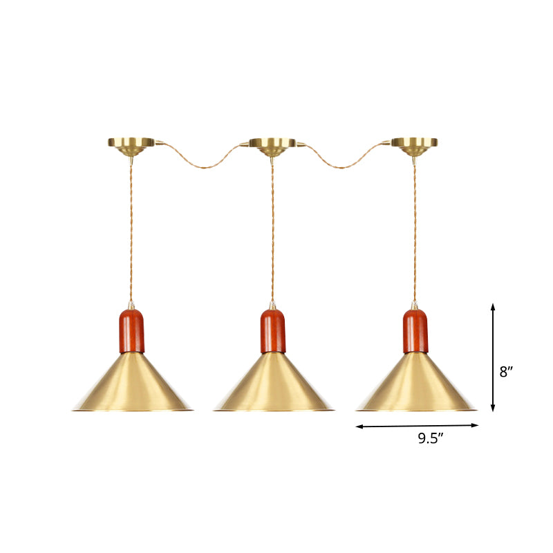 Metallic Gold Finish Multi-Light Pendant Conical 3/5/7 Lights Industrial Tandem Hanging Ceiling Lamp Clearhalo 'Art Deco Pendants' 'Cast Iron' 'Ceiling Lights' 'Ceramic' 'Crystal' 'Industrial Pendants' 'Industrial' 'Metal' 'Middle Century Pendants' 'Pendant Lights' 'Pendants' 'Tiffany' Lighting' 735171
