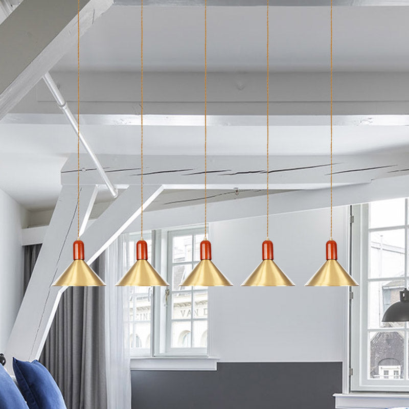 Metallic Gold Finish Multi-Light Pendant Conical 3/5/7 Lights Industrial Tandem Hanging Ceiling Lamp Clearhalo 'Art Deco Pendants' 'Cast Iron' 'Ceiling Lights' 'Ceramic' 'Crystal' 'Industrial Pendants' 'Industrial' 'Metal' 'Middle Century Pendants' 'Pendant Lights' 'Pendants' 'Tiffany' Lighting' 735173