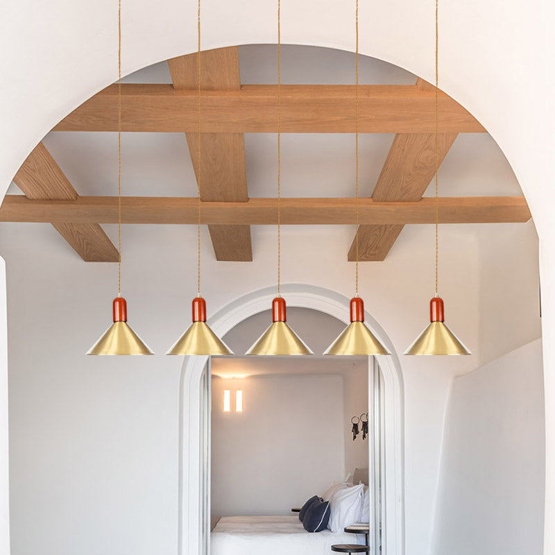 Metallic Gold Finish Multi-Light Pendant Conical 3/5/7 Lights Industrial Tandem Hanging Ceiling Lamp Clearhalo 'Art Deco Pendants' 'Cast Iron' 'Ceiling Lights' 'Ceramic' 'Crystal' 'Industrial Pendants' 'Industrial' 'Metal' 'Middle Century Pendants' 'Pendant Lights' 'Pendants' 'Tiffany' Lighting' 735174