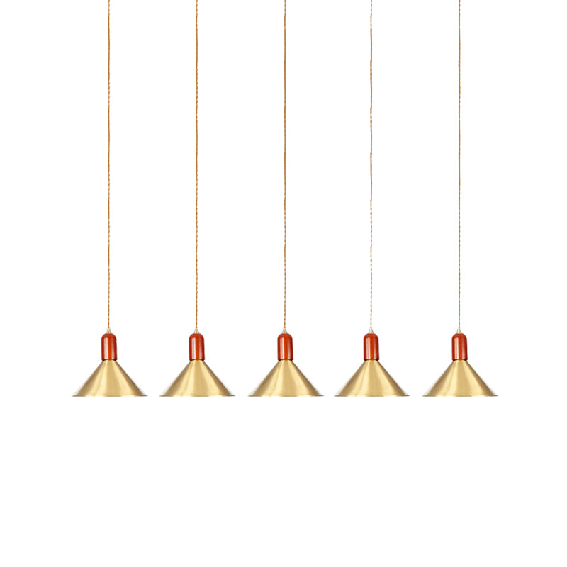Metallic Gold Finish Multi-Light Pendant Conical 3/5/7 Lights Industrial Tandem Hanging Ceiling Lamp Clearhalo 'Art Deco Pendants' 'Cast Iron' 'Ceiling Lights' 'Ceramic' 'Crystal' 'Industrial Pendants' 'Industrial' 'Metal' 'Middle Century Pendants' 'Pendant Lights' 'Pendants' 'Tiffany' Lighting' 735175