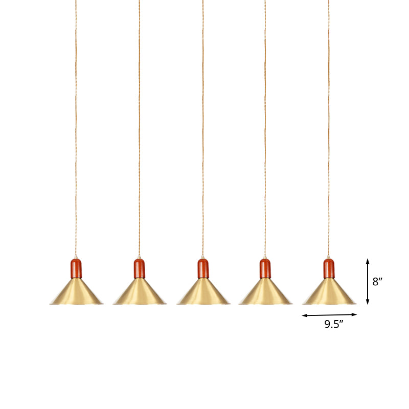 Metallic Gold Finish Multi-Light Pendant Conical 3/5/7 Lights Industrial Tandem Hanging Ceiling Lamp Clearhalo 'Art Deco Pendants' 'Cast Iron' 'Ceiling Lights' 'Ceramic' 'Crystal' 'Industrial Pendants' 'Industrial' 'Metal' 'Middle Century Pendants' 'Pendant Lights' 'Pendants' 'Tiffany' Lighting' 735176