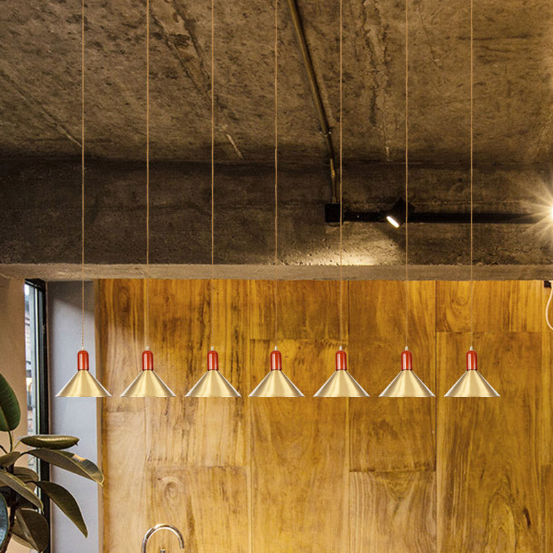 Metallic Gold Finish Multi-Light Pendant Conical 3/5/7 Lights Industrial Tandem Hanging Ceiling Lamp Clearhalo 'Art Deco Pendants' 'Cast Iron' 'Ceiling Lights' 'Ceramic' 'Crystal' 'Industrial Pendants' 'Industrial' 'Metal' 'Middle Century Pendants' 'Pendant Lights' 'Pendants' 'Tiffany' Lighting' 735178