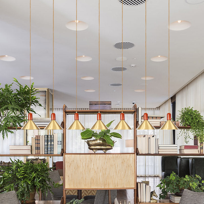 Metallic Gold Finish Multi-Light Pendant Conical 3/5/7 Lights Industrial Tandem Hanging Ceiling Lamp Clearhalo 'Art Deco Pendants' 'Cast Iron' 'Ceiling Lights' 'Ceramic' 'Crystal' 'Industrial Pendants' 'Industrial' 'Metal' 'Middle Century Pendants' 'Pendant Lights' 'Pendants' 'Tiffany' Lighting' 735179