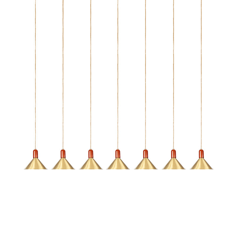 Metallic Gold Finish Multi-Light Pendant Conical 3/5/7 Lights Industrial Tandem Hanging Ceiling Lamp Clearhalo 'Art Deco Pendants' 'Cast Iron' 'Ceiling Lights' 'Ceramic' 'Crystal' 'Industrial Pendants' 'Industrial' 'Metal' 'Middle Century Pendants' 'Pendant Lights' 'Pendants' 'Tiffany' Lighting' 735180