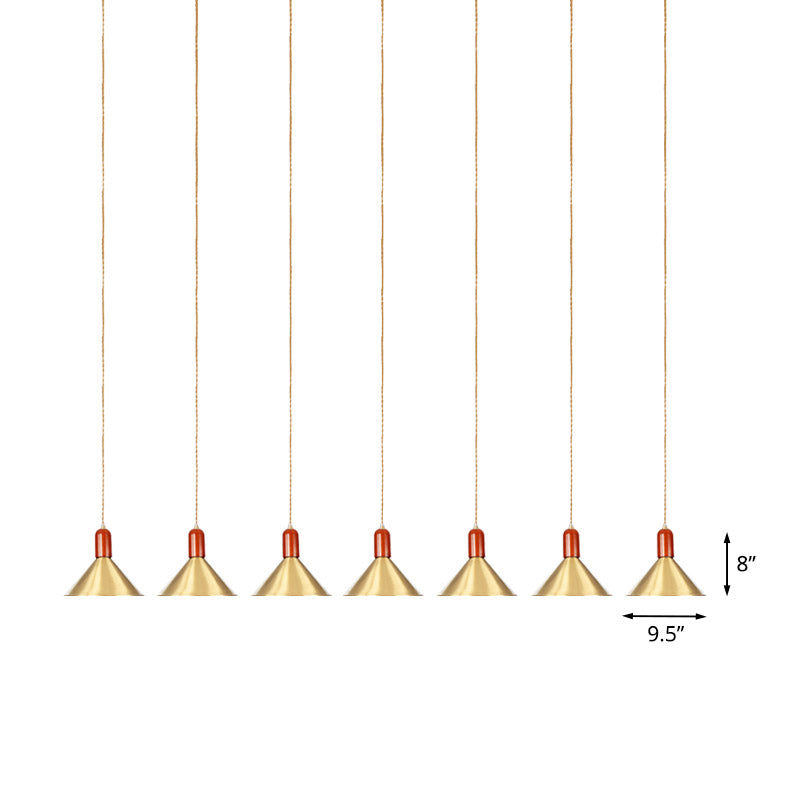 Metallic Gold Finish Multi-Light Pendant Conical 3/5/7 Lights Industrial Tandem Hanging Ceiling Lamp Clearhalo 'Art Deco Pendants' 'Cast Iron' 'Ceiling Lights' 'Ceramic' 'Crystal' 'Industrial Pendants' 'Industrial' 'Metal' 'Middle Century Pendants' 'Pendant Lights' 'Pendants' 'Tiffany' Lighting' 735181