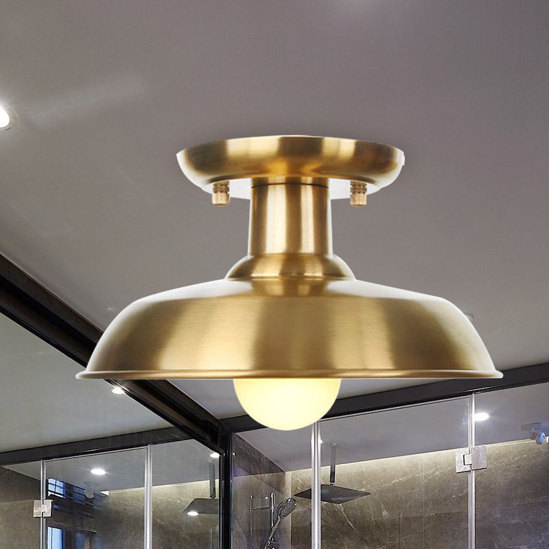 Gold Barn/Dome/Cone Semi Flush Mount Light Industrial Metallic 1 Bulb Hall Flush Ceiling Lamp Fixture Gold D Clearhalo 'Ceiling Lights' 'Close To Ceiling Lights' 'Close to ceiling' 'Semi-flushmount' Lighting' 735200