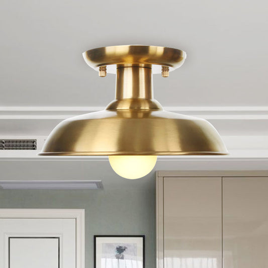 Gold Barn/Dome/Cone Semi Flush Mount Light Industrial Metallic 1 Bulb Hall Flush Ceiling Lamp Fixture Clearhalo 'Ceiling Lights' 'Close To Ceiling Lights' 'Close to ceiling' 'Semi-flushmount' Lighting' 735202