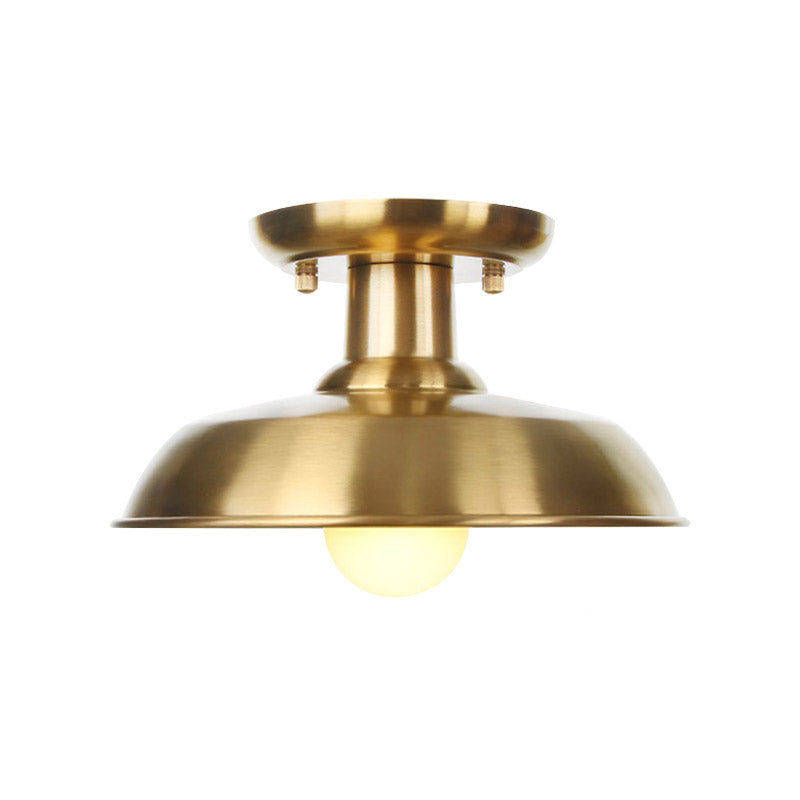 Gold Barn/Dome/Cone Semi Flush Mount Light Industrial Metallic 1 Bulb Hall Flush Ceiling Lamp Fixture Clearhalo 'Ceiling Lights' 'Close To Ceiling Lights' 'Close to ceiling' 'Semi-flushmount' Lighting' 735203